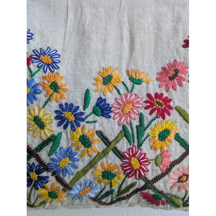 Deliziosa borsa in tessuto con mani con in legno e ricami sul fronte realizzata a mano.